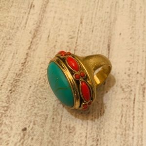 Chelsea Row Costume Jewelry Turquoise and Coral Gold Ring Size 5